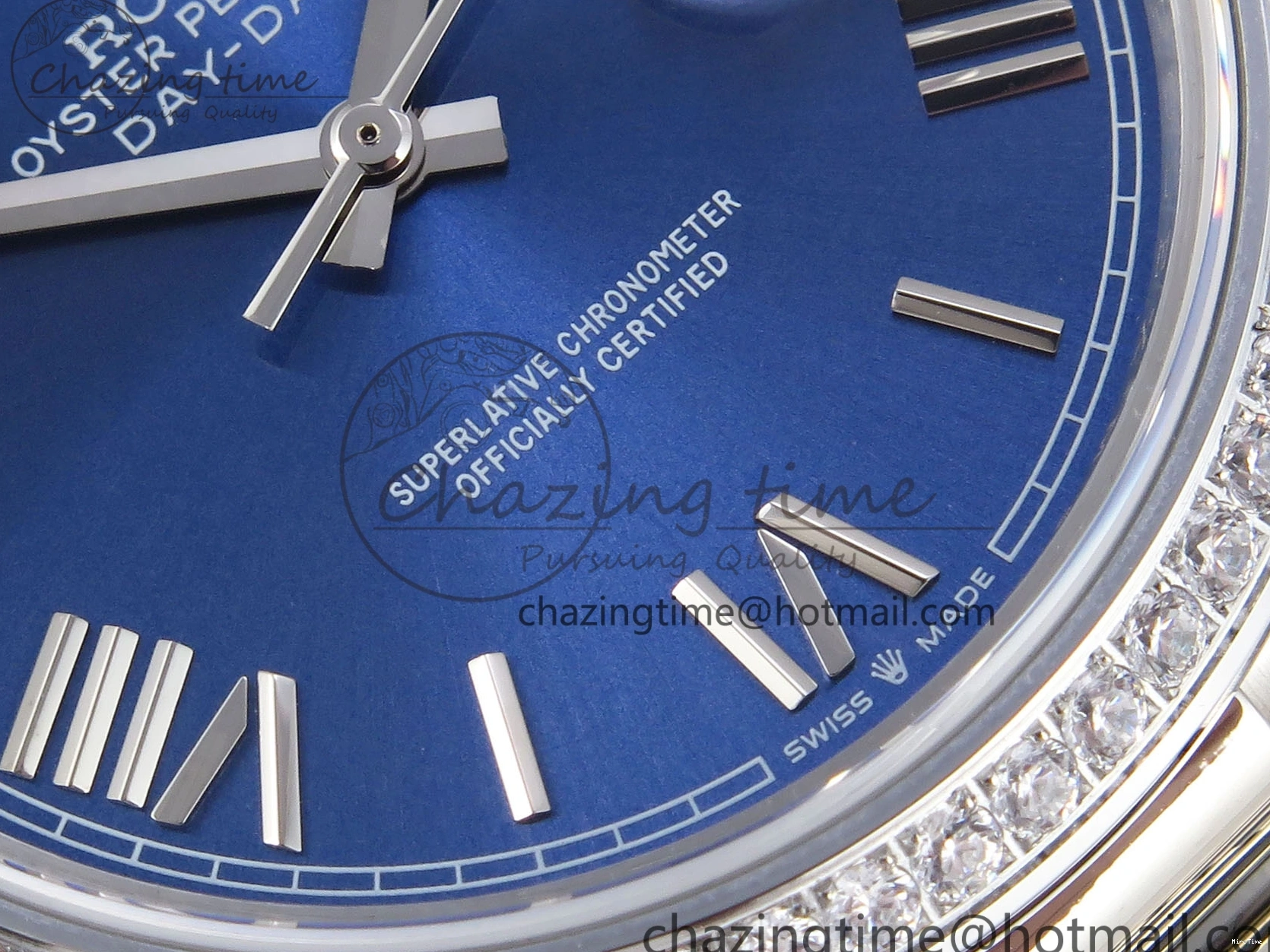 MiroTime 0523 QuickDry DayDate 40 SS GSF Gain Weight Blue Roman Dial Diamonds Bezel on President Bracelet A 1917